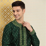 Men Green & Gold-Toned Ethnic Motifs Embroidered Thread Work Jashn Kurta