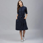 Navy Blue Polka Dots Printed Shirt Dress