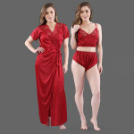 Women Maroon Solid Satin 3 Piece Nightwear Set