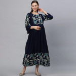 "Women Navy Blue Embroidered Maternity Feeding Maxi Nursing Dress "